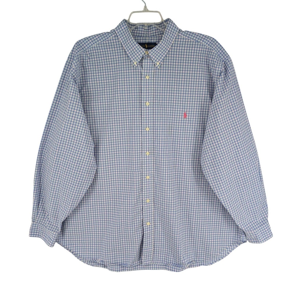 Ralph Lauren Plaid Button Down 3XB Blue Pink Cotton Long Sleeve Big Tall Shirt - Picture 2 of 9